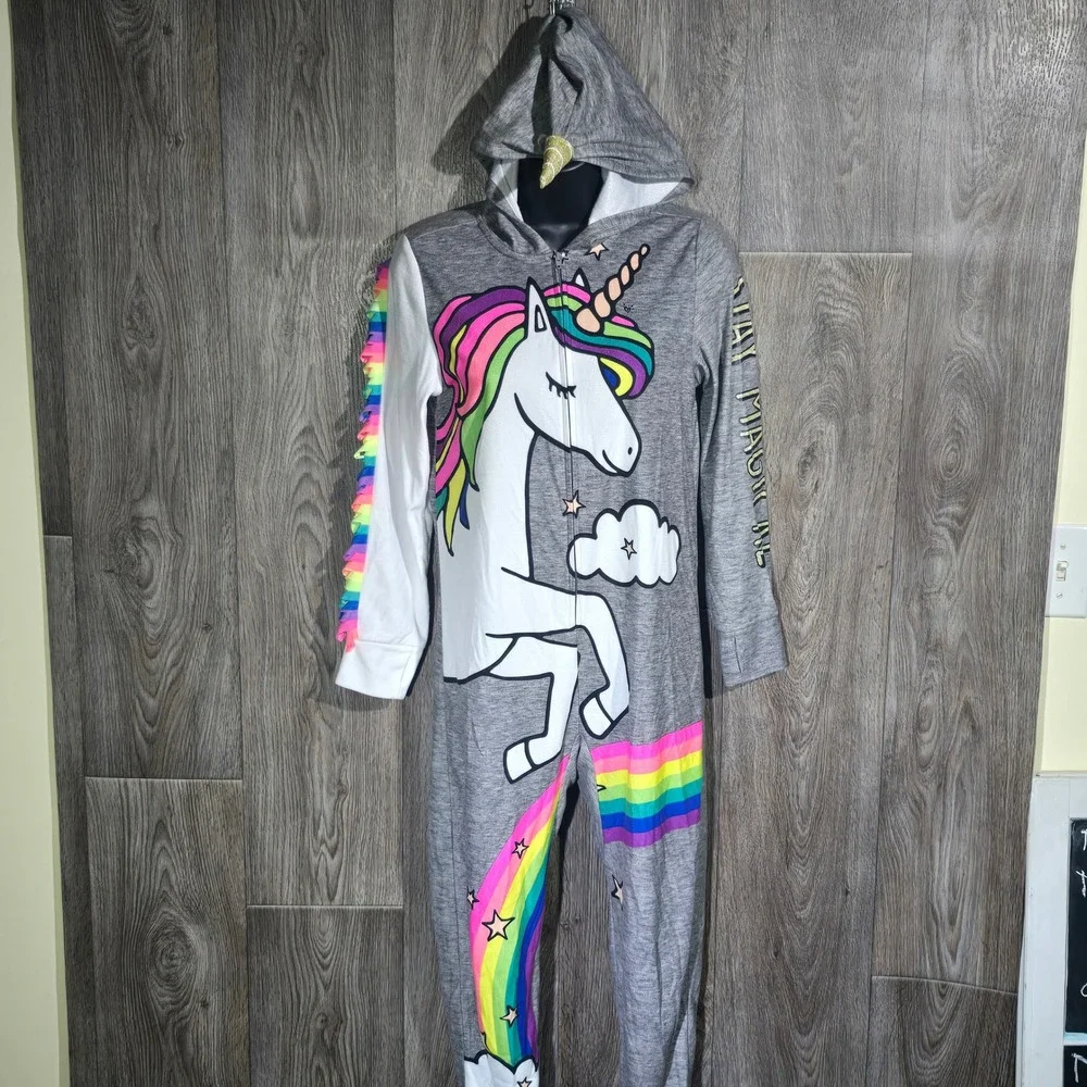 Justice Girls' Unicorn Rainbow Hooded Pajama Jumpsuit Size‎ 12 Sleepwear